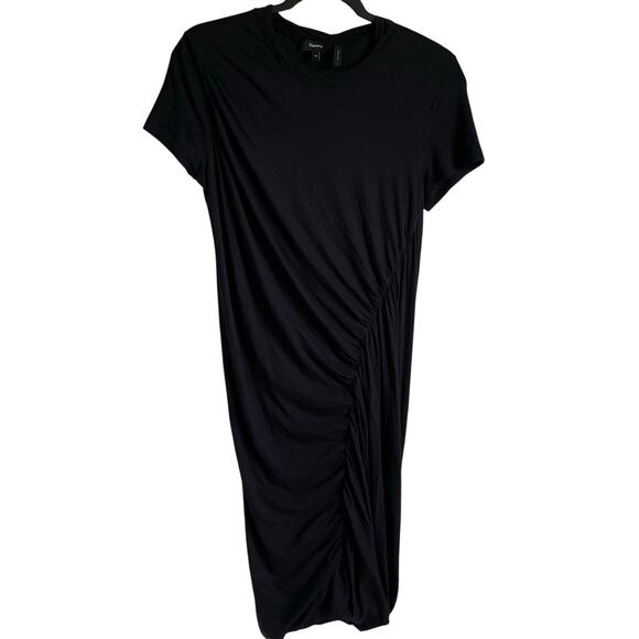 Theory Drape Twist Dress Sz M 100% Pima Cotton Knit Short Sleeves Sheath Black - Picture 1 of 12